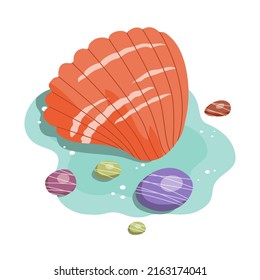 Concha de mar y piedras en el fondo del mar. Vida y fauna subacuáticas. Símbolo de la playa y de la zona turística. Ilustración vectorial de dibujos animados aislada en fondo blanco