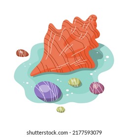 Sea shell and pebbles on the seabed. Underwater life and fauna. Symbol of the beach and summer resort. Cartoon vector illustration isolated on white background