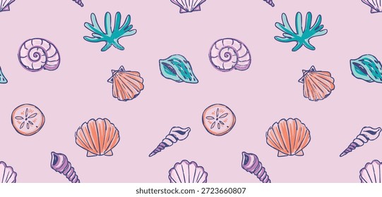Sea Shell print design. summer season textaile pattern in vintage retro vibes. seamless pattern design in vector. girls print design. beach vector