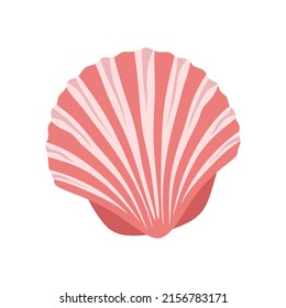 Sea shell, scallop. Marine undersea mollusc, clam of fan shape. Underwater mollusk. Ocean seashell. Exotic beach shellfish, clamshell. Flat vector illustration isolated on white background.