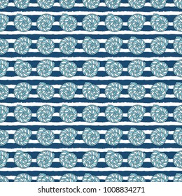 Sea shell or scallop on striped background seamless pattern. Maritime. Marine and aquatic theme. Dooodle seashell for summer design.