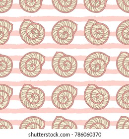 Sea shell or scallop on striped background seamless pattern. Maritime. Marine and aquatic theme. Dooodle seashell for summer design. 