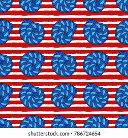 Sea shell or scallop on striped background seamless pattern. Maritime. Marine and aquatic theme. Dooodle seashell for summer design.
