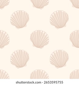 Sea shell scallop. Seamless pattern with seashells on a light cream background. For summer textiles and beach designs.