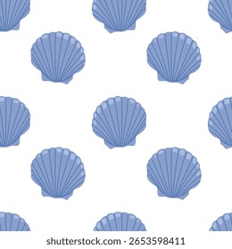 Sea shell scallop. Seamless pattern with blue seashells on white background. For summer textiles and beach designs.