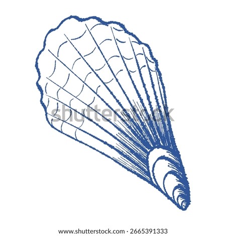 Sea shell scallop, textured ink hand drawn vector art. Mediterranean blue line bivalve mollusk. Icon contour symbol for branding, home decor, notebook covers, apparel print, stickers, tag, logo