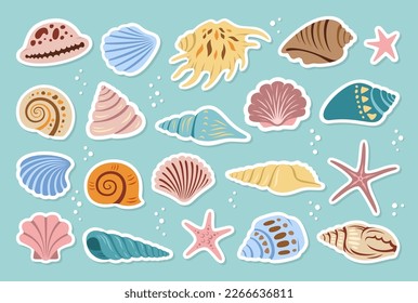 Sea shell scrapbook sticker for diary cartoon set. Ocean exotic underwater sink seashell conch aquatic mollusk, sea spiral snail, marine starfish collection. Tropical beach shells flat design label