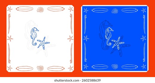 Sea shell seahorse retro illustration