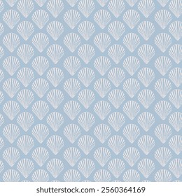 Sea shell seamless pattern. Hand drawn white seashells on blue background. Marine inspired design. 