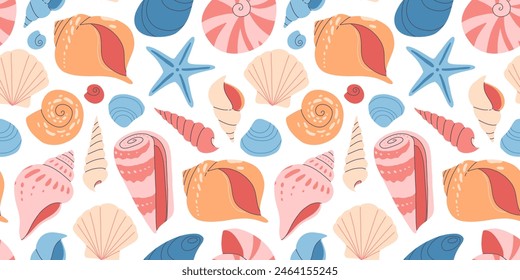 Sea shell seamless pattern. Ocean exotic underwater seashell conch aquatic mollusk, sea spiral snail collection. Tropical beach shells. Modern flat style isolated on white background.