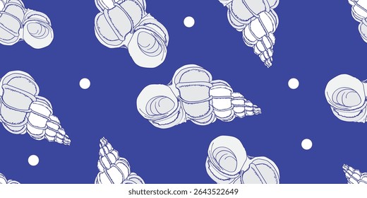Sea shell seamless pattern. Ocean exotic underwater sea spiral snail collection. Tropical beach shells nature aquatic water flat illustration