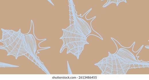 Sea shell seamless pattern on beige background.