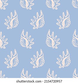 Sea shell seamless pattern. Seashell repeat texture background. Hand drawn sketches on blue. Summer tropical ocean beach style. Fashion vintage textile fabric design