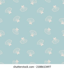 Patrón sin fisuras de la concha marina. Fondo de textura de repetición de conchas. Dibujar dibujos a mano en azul. El estilo veraniego de las playas del océano tropical. Diseño de tela textil vintage de moda