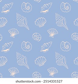 Padrão sem emenda da concha do mar. Concha repetir textura fundo. Desenhos à mão. Verão tropical estilo praia oceano. Design de tecido vintage de moda