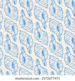 Sea shell seamless pattern. Seashell repeat texture background. Hand drawn sketches on blue. Summer tropical ocean beach style. Fashion underwater vintage textile fabric design