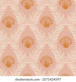 Sea Shell and Seaweed Monochrome Vector Seamless Pattern