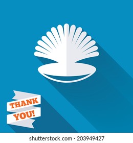 Sea shell sign icon. Conch symbol. Travel icon. White flat icon with long shadow. Paper ribbon label with Thank you text. Vector