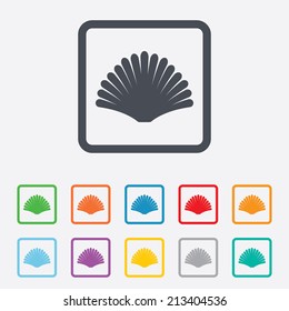 Sea shell sign icon. Conch symbol. Travel icon. Round squares buttons with frame. Vector