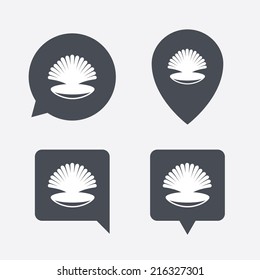 Sea shell sign icon. Conch symbol. Travel icon. Map pointers information buttons. Speech bubbles with icons. Vector