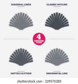 Sea shell sign icon. Conch symbol. Travel icon. Diagonal and horizontal lines, classic outline, dotted texture. Pattern design icons.  Vector
