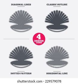 Sea shell sign icon. Conch symbol. Travel icon. Diagonal and horizontal lines, classic outline, dotted texture. Pattern design icons.  Vector