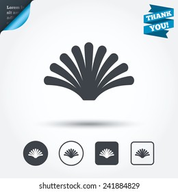 Sea shell sign icon. Conch symbol. Travel icon. Circle and square buttons. Flat design set. Thank you ribbon. Vector