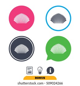 Sea shell sign icon. Conch symbol. Travel icon. Report document, information sign and light bulb icons. Vector
