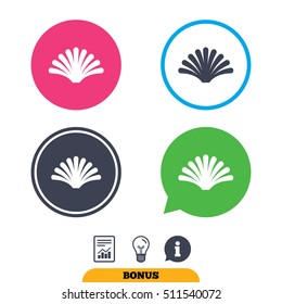 Sea shell sign icon. Conch symbol. Travel icon. Report document, information sign and light bulb icons. Vector