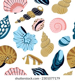 Cubierta marina, dibujo de fregadero sin costuras. Molusco acuático de conchas marinas exóticas oceánicas submarinas, caracol de espiral marina, colección de peces estrella marina. Naturaleza tropical de la playa agua acuática Ilustración plana