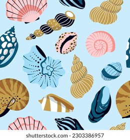 Sea shell, sink cartoon seamless pattern. Ocean exotic underwater seashell conch aquatic mollusk, sea spiral snail, marine starfish collection. Tropical beach nature aquatic water flat illustration