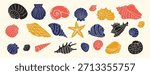 Sea shell, sink cartoon set. seashell aquatic mollusk doodle hand drawn icon set. Outline drawing line clipart symbol collection. Vector illustration