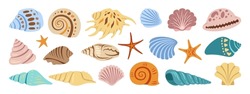 Sea Shell, Sink Cartoon Set. Ocean Exotic Underwater Seashell Conch Aquatic Mollusk, Sea Spiral Snail, Marine Starfish Collection. Tropical Beach Shells Nature Aquatic Water Flat Design Illustration