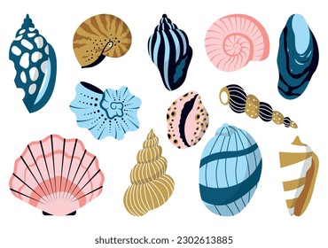 Sea shell, sink cartoon set. Ocean exotic underwater seashell conch aquatic mollusk, sea spiral snail, marine starfish collection. Tropical beach shells nature aquatic water flat design illustration