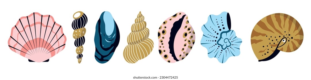 Sea shell, sink cartoon set. Ocean exotic underwater seashell conch aquatic mollusk, sea spiral snail, marine starfish collection. Tropical beach shells nature aquatic water flat design illustration