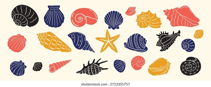 Concha de mar, conjunto de dibujos animados de fregadero. concha de molusco acuático doodle dibujado a mano conjunto de iconos. Colección de símbolos de Clipart de línea de dibujo de esquema. Ilustración vectorial