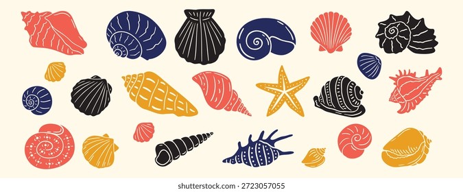 Concha de mar, conjunto de desenho de pia. concha molusco aquático doodle mão desenhado ícone set. Coleção de símbolos de clipart de linha de desenho de estrutura de tópicos. Ilustração vetorial