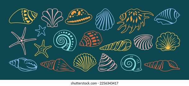 Juego de dibujos animados con dibujos animados con el fregadero de la concha marina. Colección de símbolos de la línea marina de la estrella marina de caracol marino de caracol marino de espiral marina, concha acuática exótica de conchas marinas. Ilustración de diseño acuático de conchas de playa