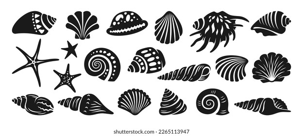 Sea shell sink engraving monochrome set. Ocean exotic underwater seashell conch aquatic mollusk, sea spiral snail marine starfish collection. Tropical beach shells nature aquatic design illustration