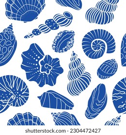 Sea shell sink silhouette seamless pattern. Ocean exotic underwater aquatic mollusk, sea spiral snail, marine starfish collection. Tropical beach shells nature aquatic water flat illustration