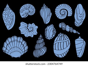 Sea shell sink silhouette set. Ocean exotic underwater seashell conch aquatic mollusk, sea spiral snail, marine starfish collection. Tropical beach shells nature aquatic water flat design illustration