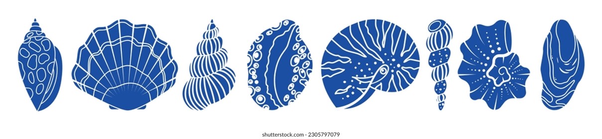 Conjunto de silueta de lavabo de concha de mar. Molusco acuático de conchas marinas exóticas oceánicas submarinas, caracol de espiral marina, colección de peces estrella marina. conchas de playa tropical naturaleza agua acuática ilustración de diseño plano