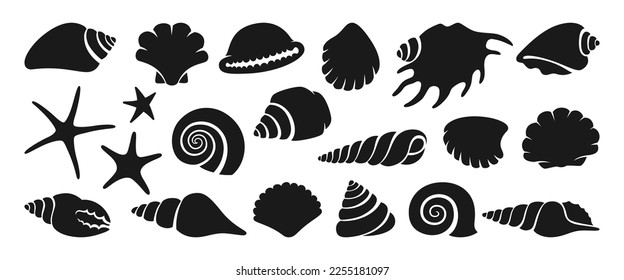 Sea shell sink stencil stamp set. Ocean exotic underwater seashell conch aquatic mollusk, sea spiral snail marine starfish seal brand collection. Tropical beach shells aquatic design illustration