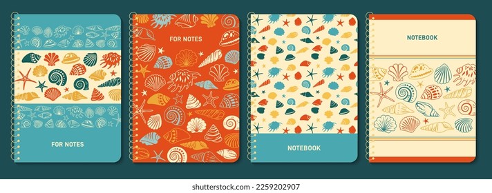 Sea shell sink trendy notepad cover set. Notebook with nautical snail starfish, seashell. Ocean underwater design for planner, brochure, book, catalog. Decorative layout page print template poster