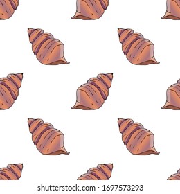 Sea shell, sketch style vector seamless pattern isolated on white background. Realistic hand drawing of saltwater seashell, clam, conch