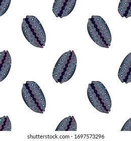 Sea shell, sketch style vector seamless pattern isolated on white background. Realistic hand drawing of saltwater seashell, clam, conch