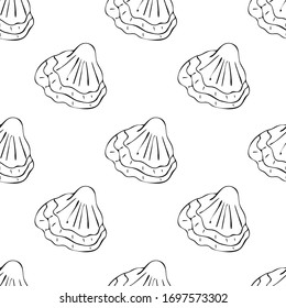 Sea shell, sketch style vector seamless pattern isolated on white background. hand drawing of saltwater seashell, clam, conch