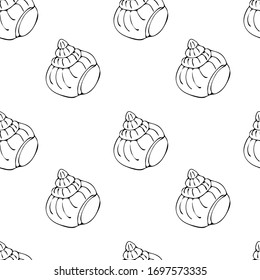Sea shell, sketch style vector seamless pattern isolated on white background. Realistic hand drawing of saltwater seashell, clam, conch