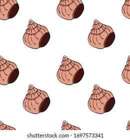 Sea shell, sketch style vector seamless pattern isolated on white background. Realistic hand drawing of saltwater seashell, clam, conch
