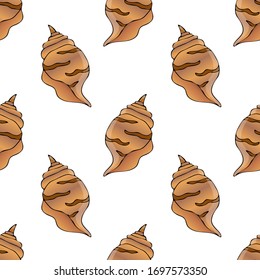 Sea shell, sketch style vector seamless pattern isolated on white background. Realistic hand drawing of saltwater seashell, clam, conch